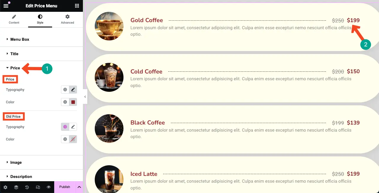 How to Create a Price List in WordPress with Elementor 23 Stylize pricings of the price list on your site