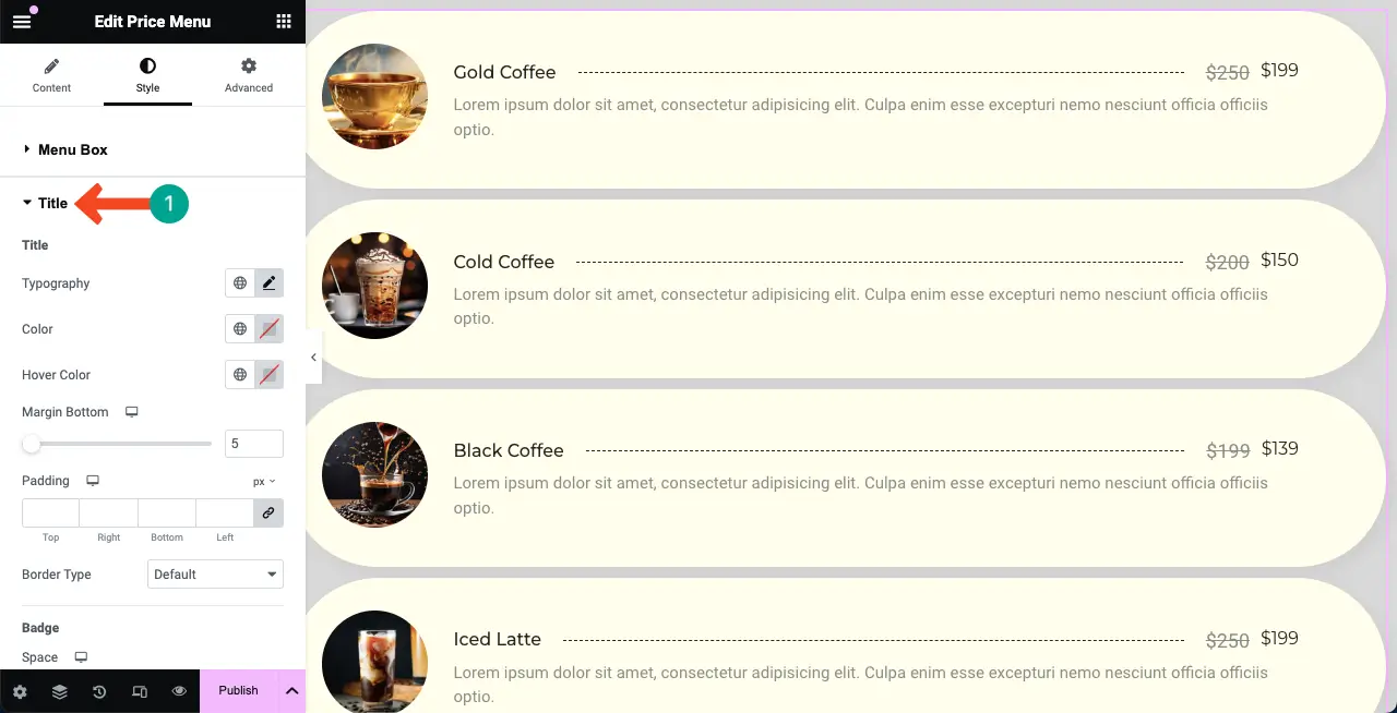 How to Create a Price List in WordPress with Elementor 22 Stylize the Titles of the Price List