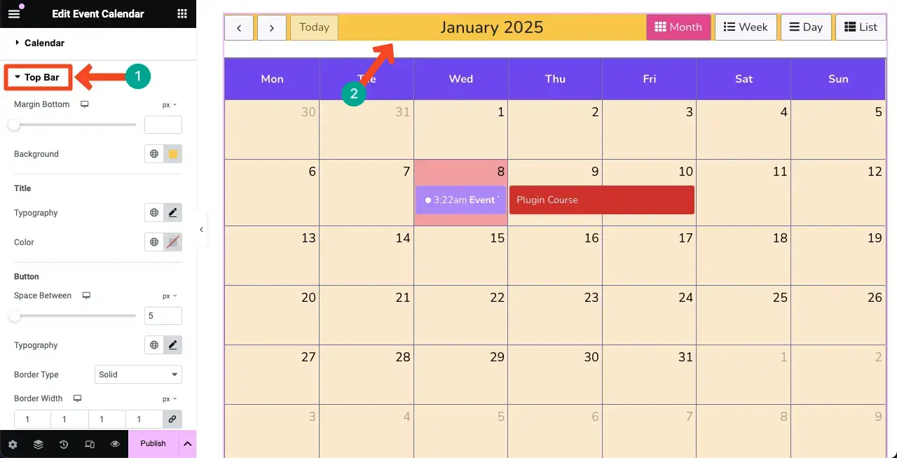 How to Create an Event Calendar in WordPress with Elementor 22 Stylize the Top Bar of the Event Calendar