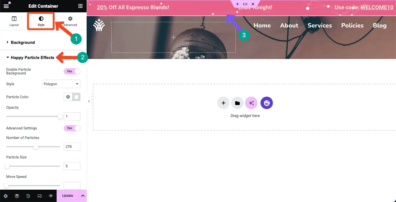 How to Add a Top Bar in WordPress with Elementor 8 Add particle to the top bar