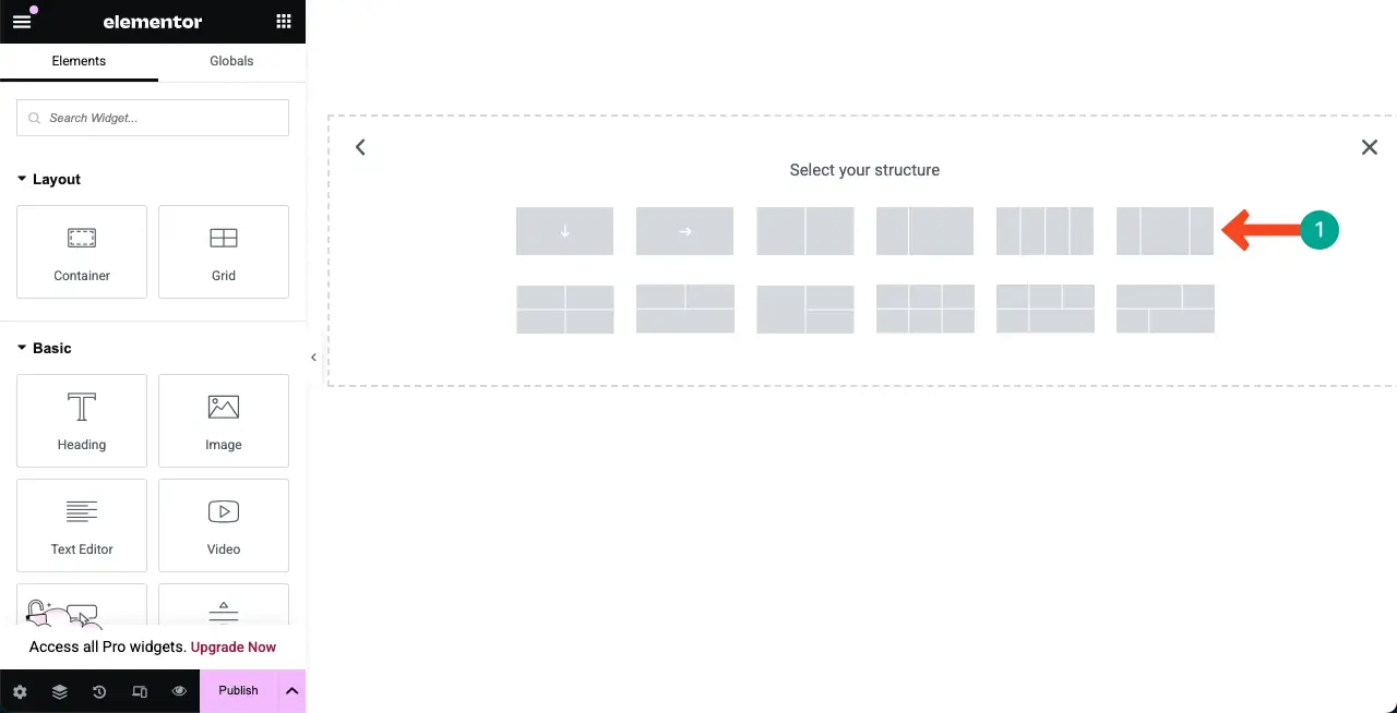 Select a section for adding an Elementor widget