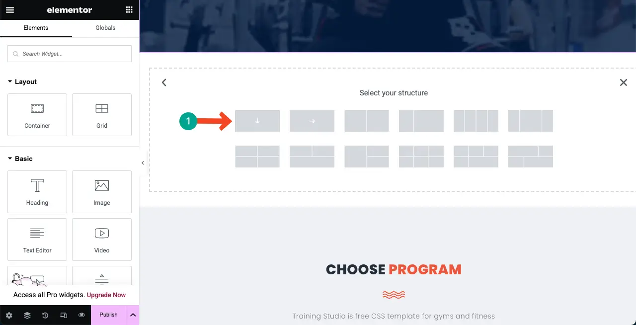 Select a column structure for the new section