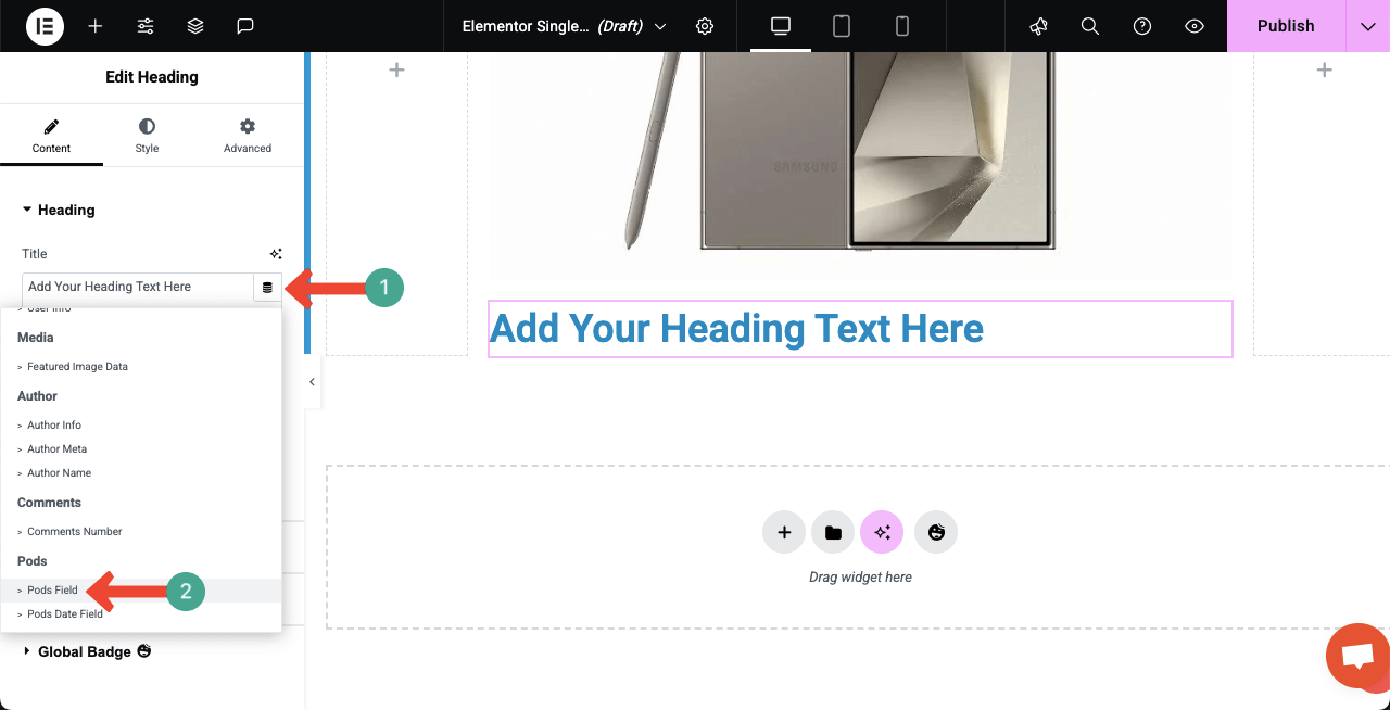 Select tag for the heading widget