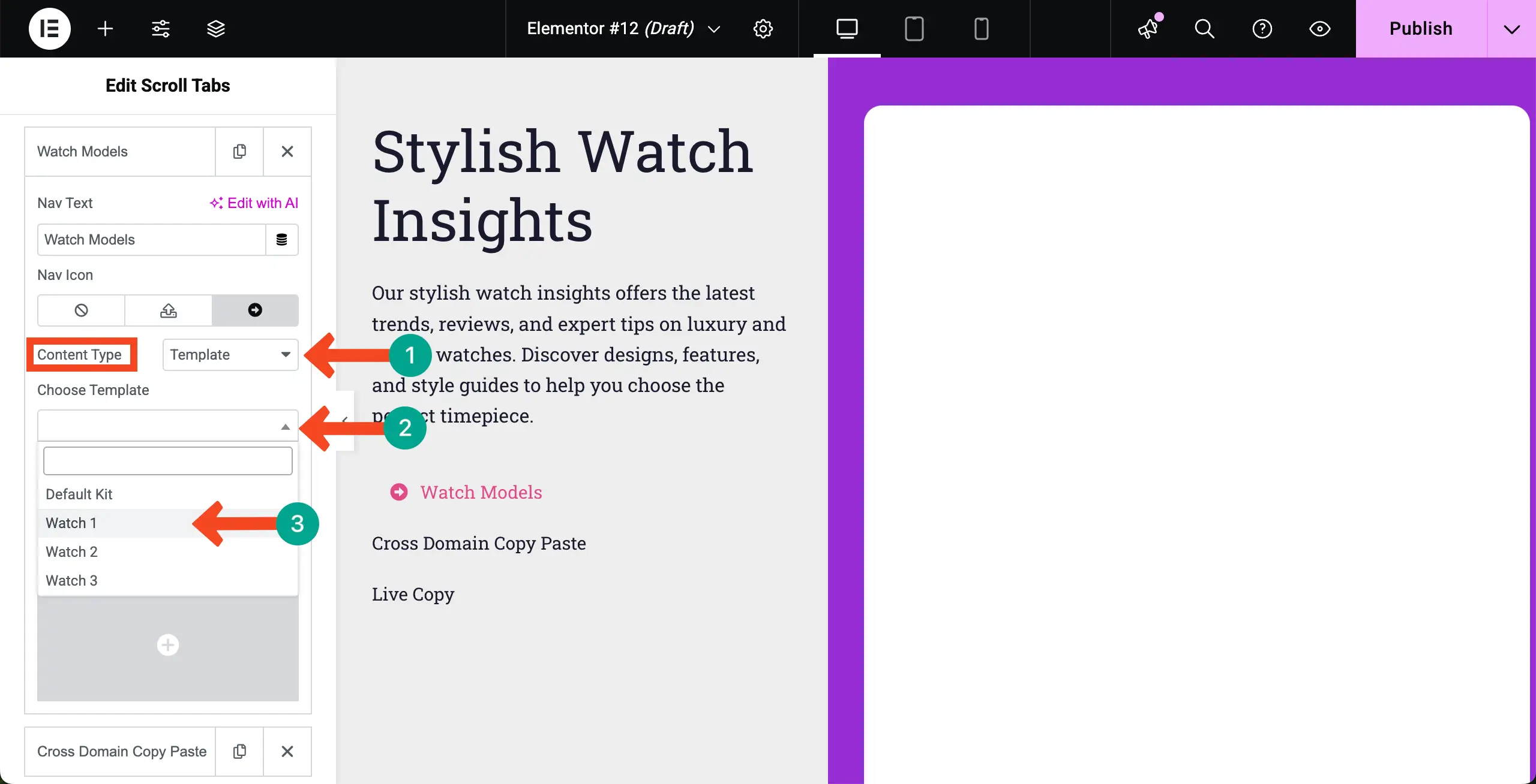How to Create Vertical Scrolling Tabs in WordPress with Elementor 15 Add Content to the Tab Via Template