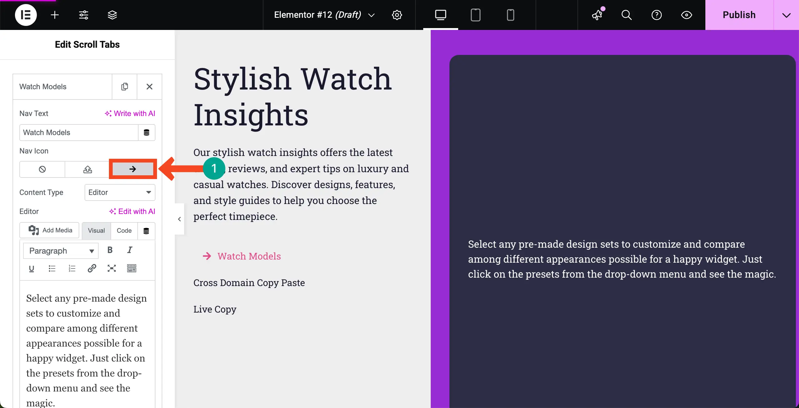 How to Create Vertical Scrolling Tabs in WordPress with Elementor 9 Change the Icon of the Scrolling Tab