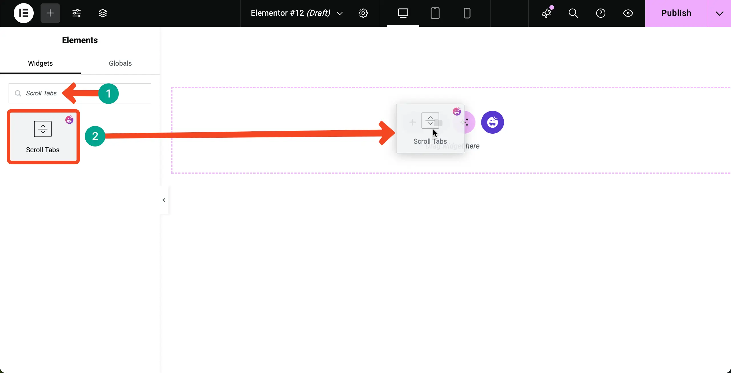 How to Create Vertical Scrolling Tabs in WordPress with Elementor 3 Drag and Drop the Scroll Tabs Widget on the Canvas