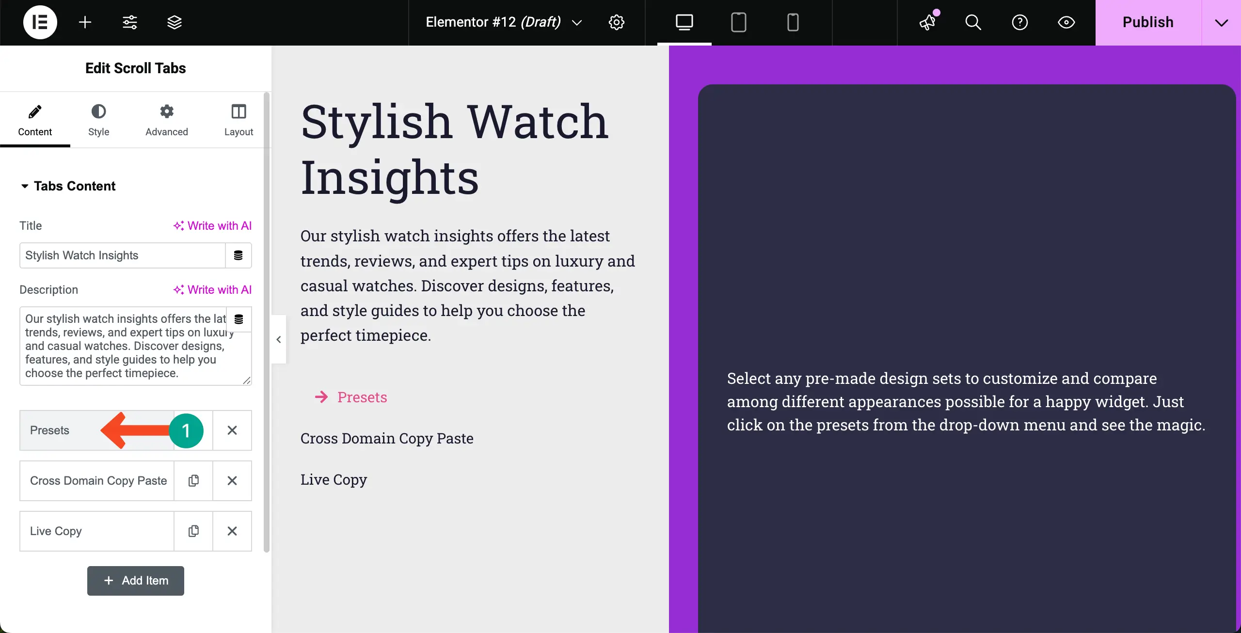 How to Create Vertical Scrolling Tabs in WordPress with Elementor 7 Expand a tab of the Scroll Tabs widget