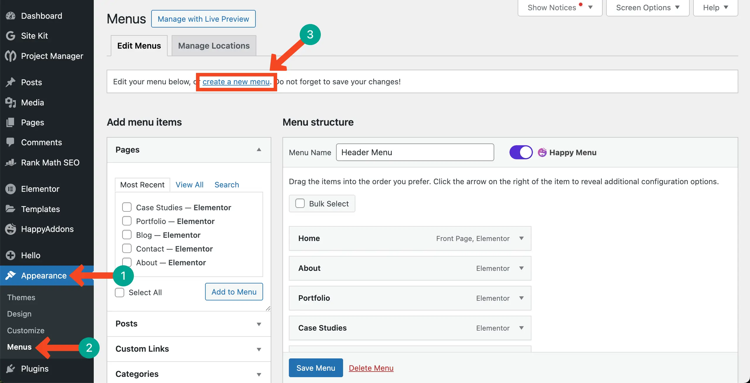 How to Display Blog Posts by Categories in WordPress with Elementor 7 Go to the WordPress Menu option