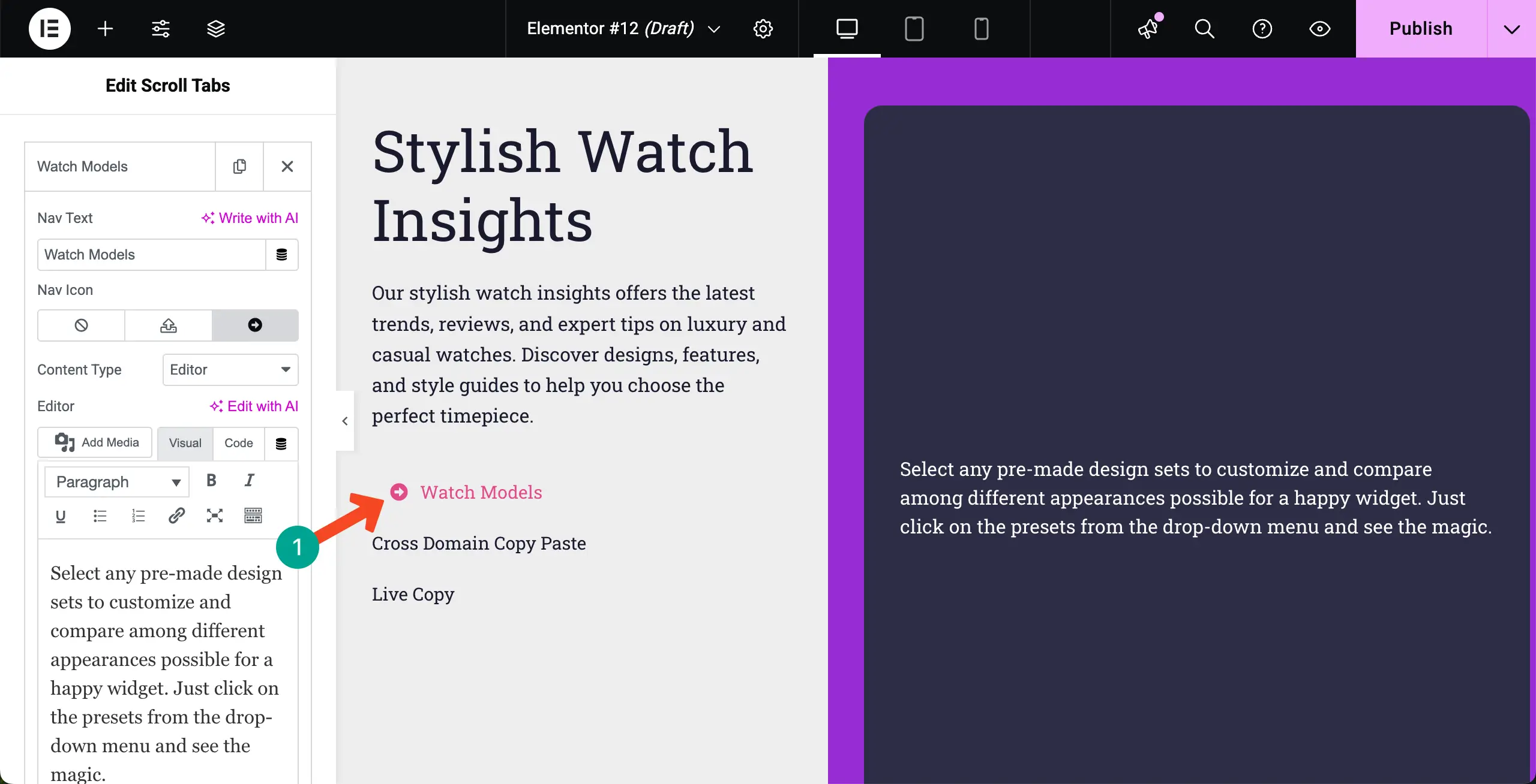 How to Create Vertical Scrolling Tabs in WordPress with Elementor 11 Icon changed of the Scroll Tabs widget