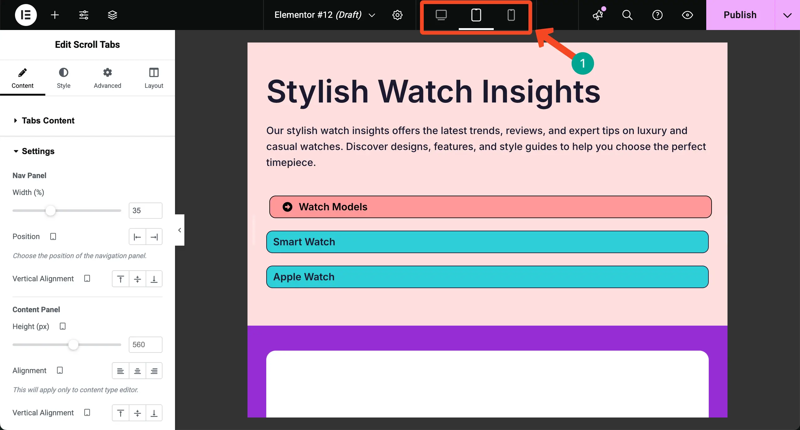 How to Create Vertical Scrolling Tabs in WordPress with Elementor 24 Optimize the Scroll Tabs Widget for Tablets
