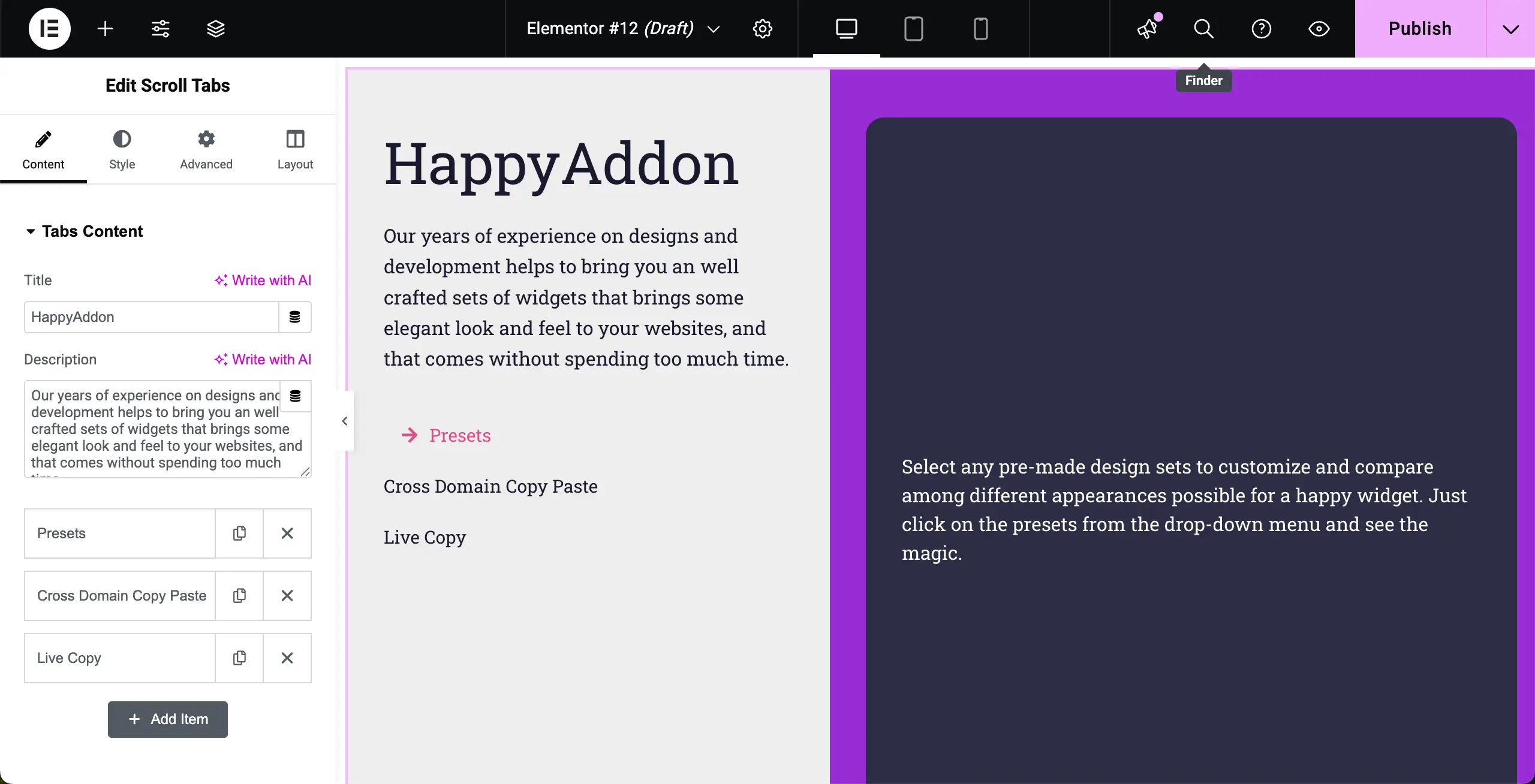 How to Create Vertical Scrolling Tabs in WordPress with Elementor 4 Scroll Tabs widget is added to the canvas