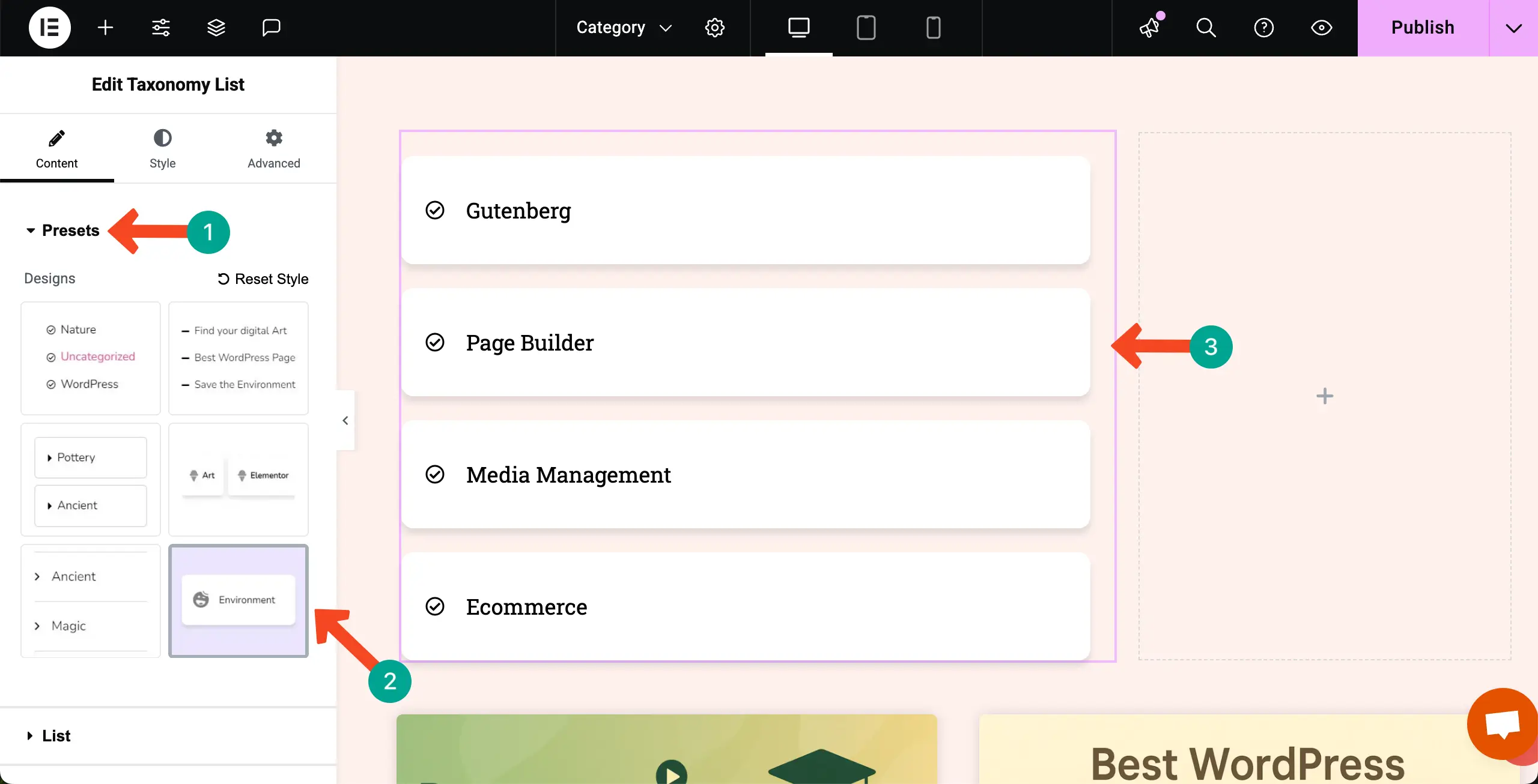 How to Display Blog Posts by Categories in WordPress with Elementor 29 Select a preset for the categories