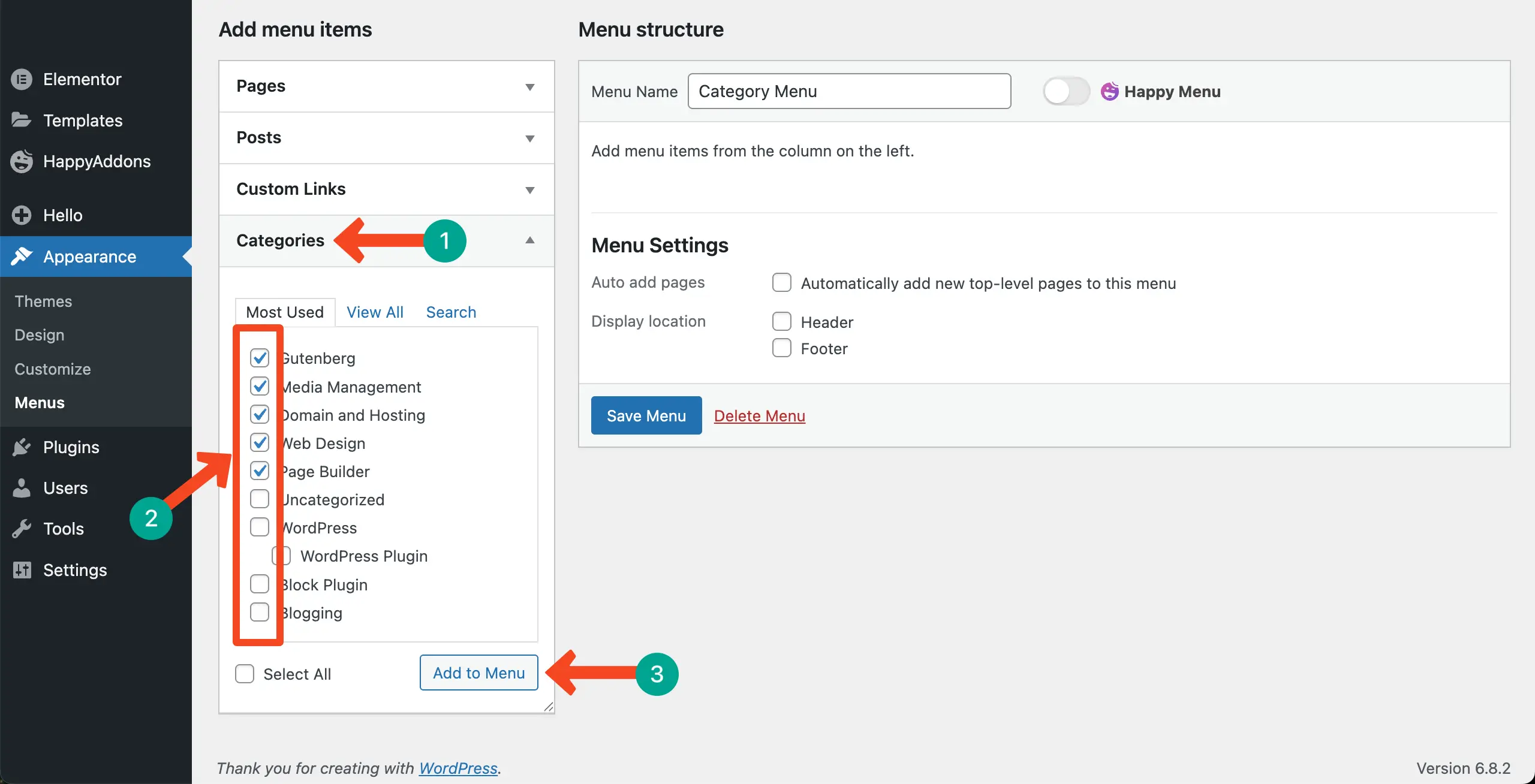 How to Display Blog Posts by Categories in WordPress with Elementor 9 Select categories for the menu