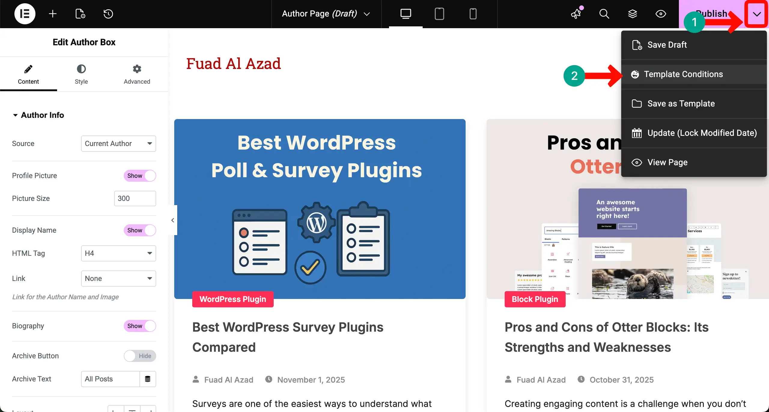 How to Create an Author Archive Page in WordPress with Elementor for Free 13 Add Condition to the Author Archive Page