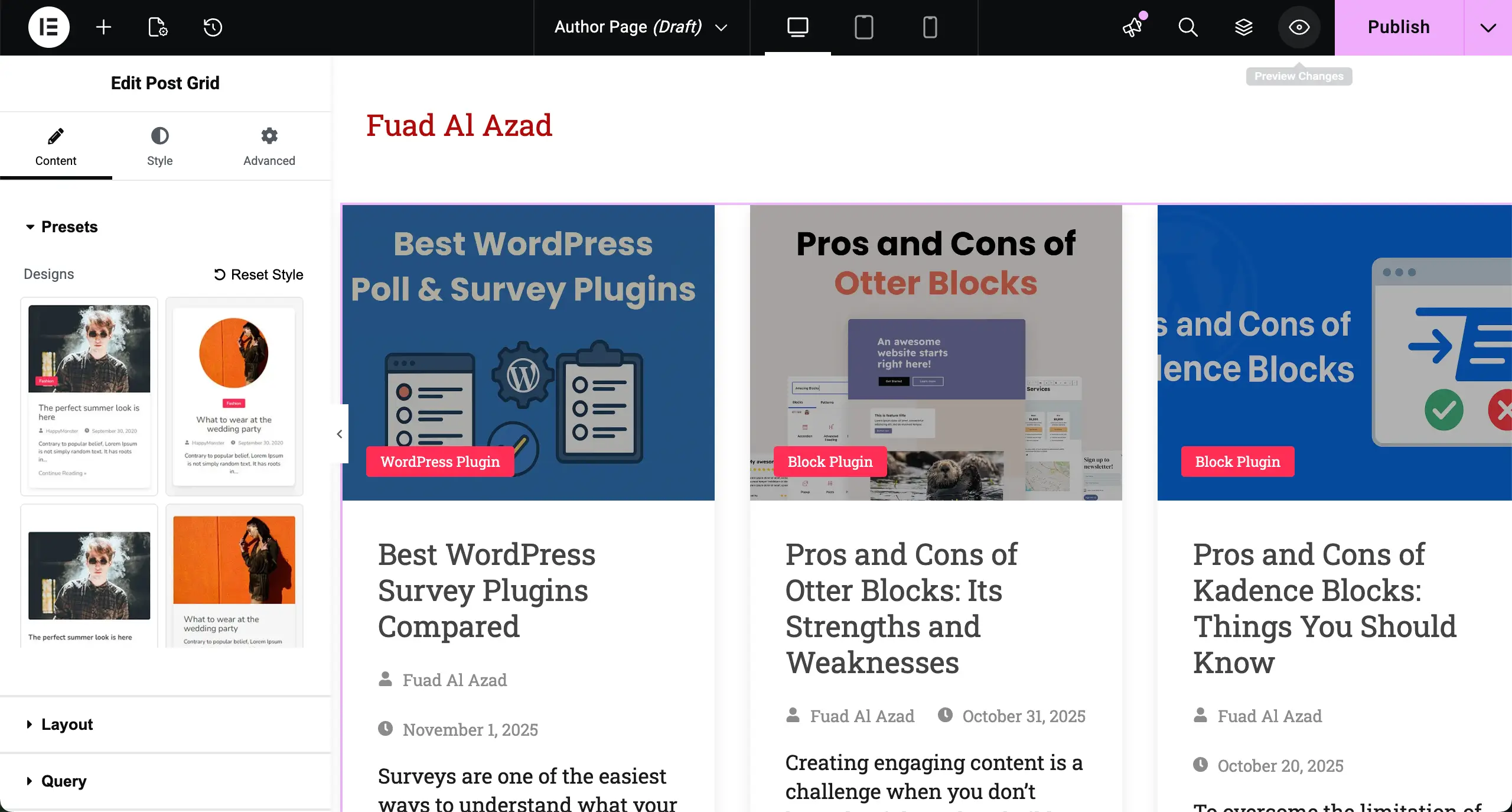 How to Create an Author Archive Page in WordPress with Elementor for Free 9 The post grid is added to the Elementor Canvas
