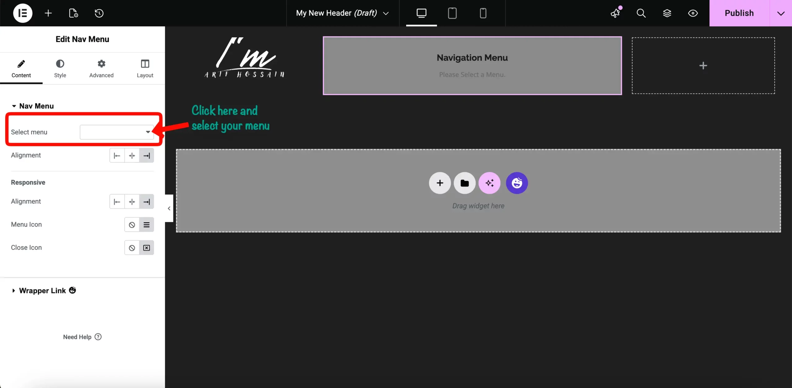 How to Create a Photography Website on WordPress with Elementor and HappyAddons (Step-by-Step) 13 Menu selection