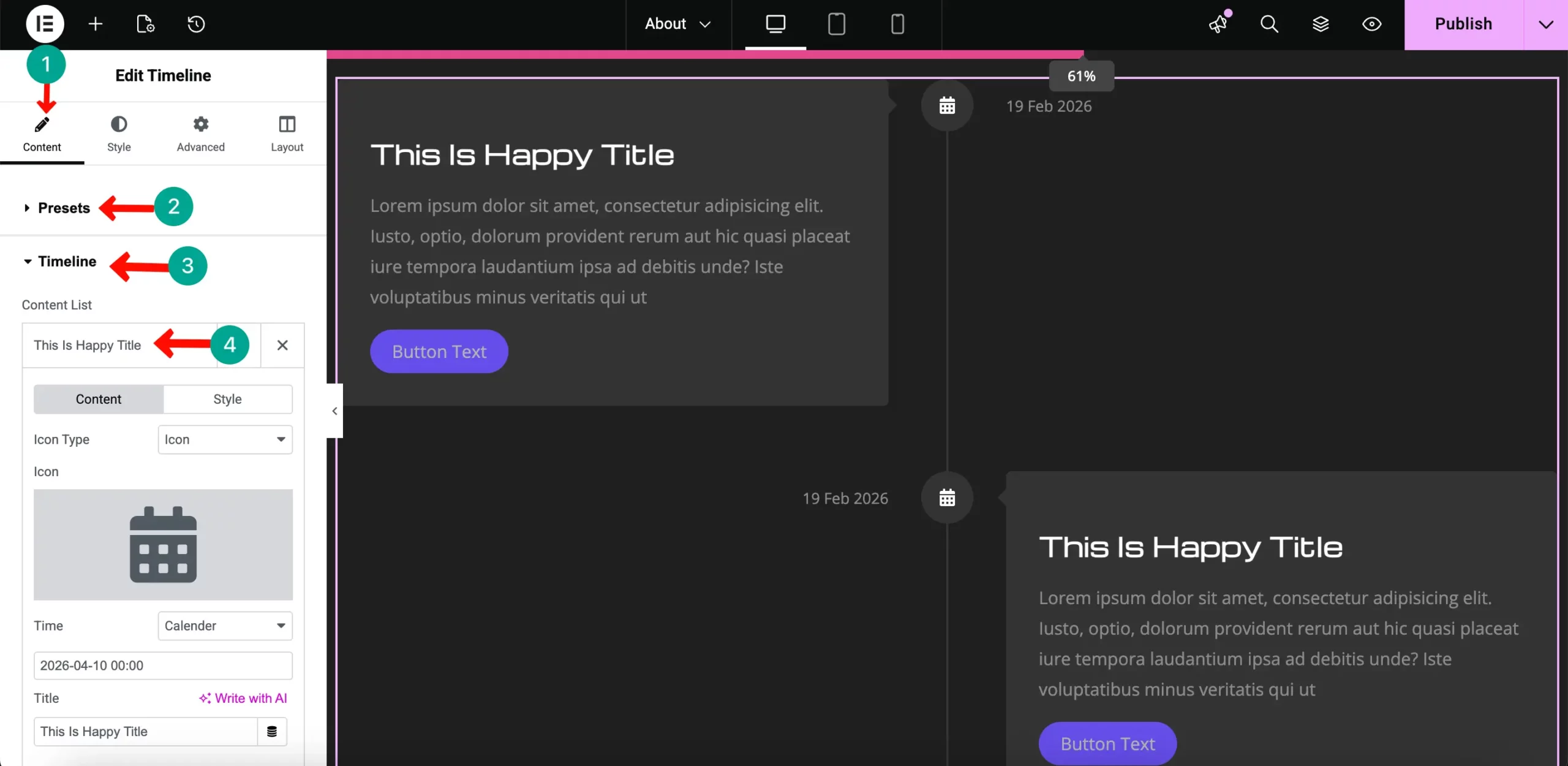How to Create a Photography Website on WordPress with Elementor and HappyAddons (Step-by-Step) 42 Editing the timeline