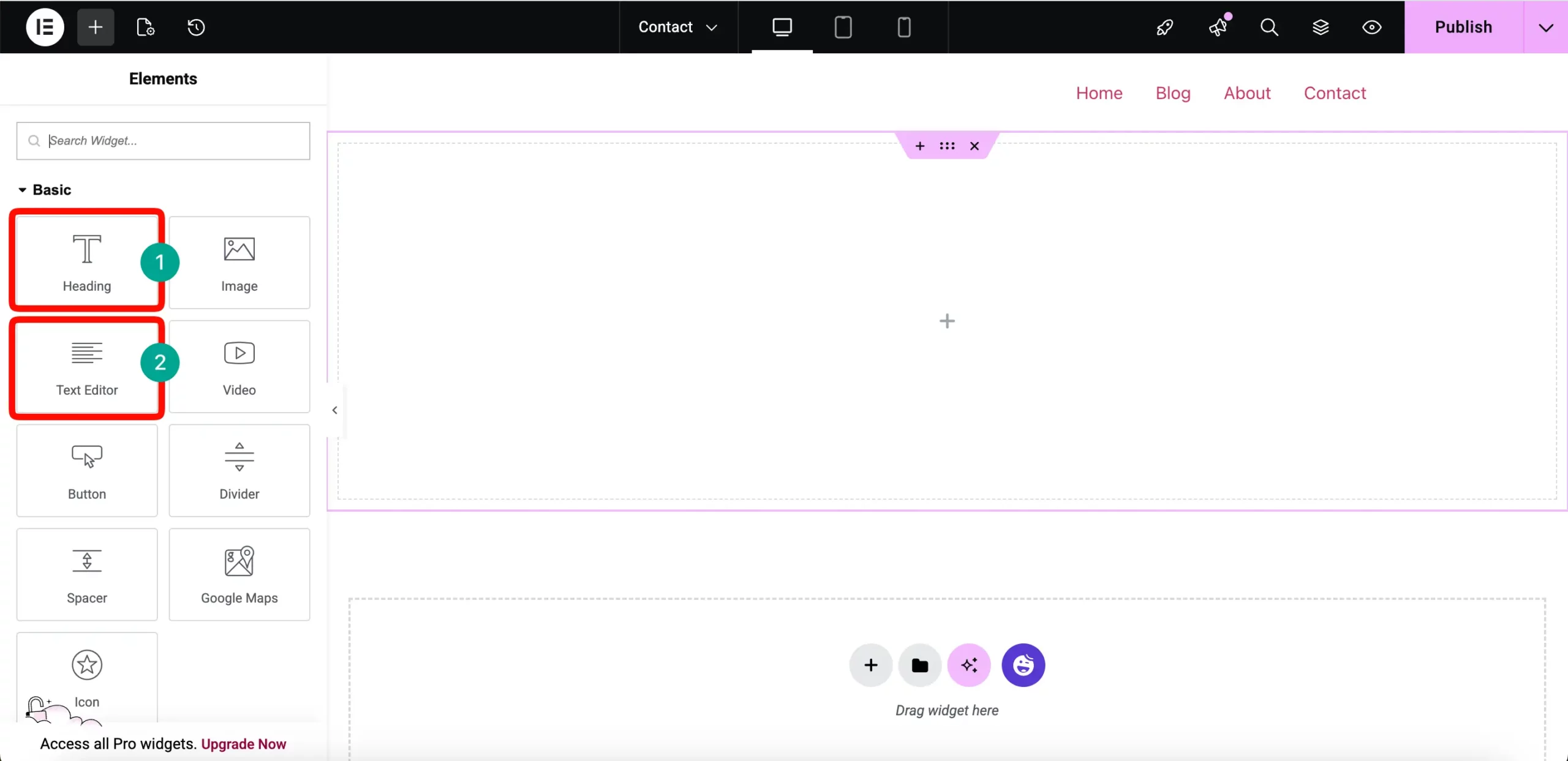 adding heading and text editor widget to contact page 